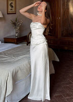 Ivory Draped Strapless Satin Maxi Dress