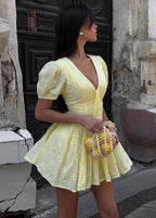 Lemon Eyelet Fit & Flare Mini Dress with Puff Sleeves