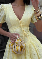 Lemon Eyelet Fit & Flare Mini Dress with Puff Sleeves