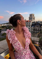 Pink Floral Ruffle Maxi Dress with Cut-Out Waist and Ring Detail