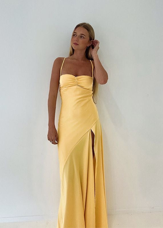Butter Yellow Satin Maxi Dress with Thigh Slit