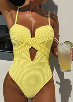 Yellow Ribbed One Piece Swimsuit – Cutout Push Up Monokini