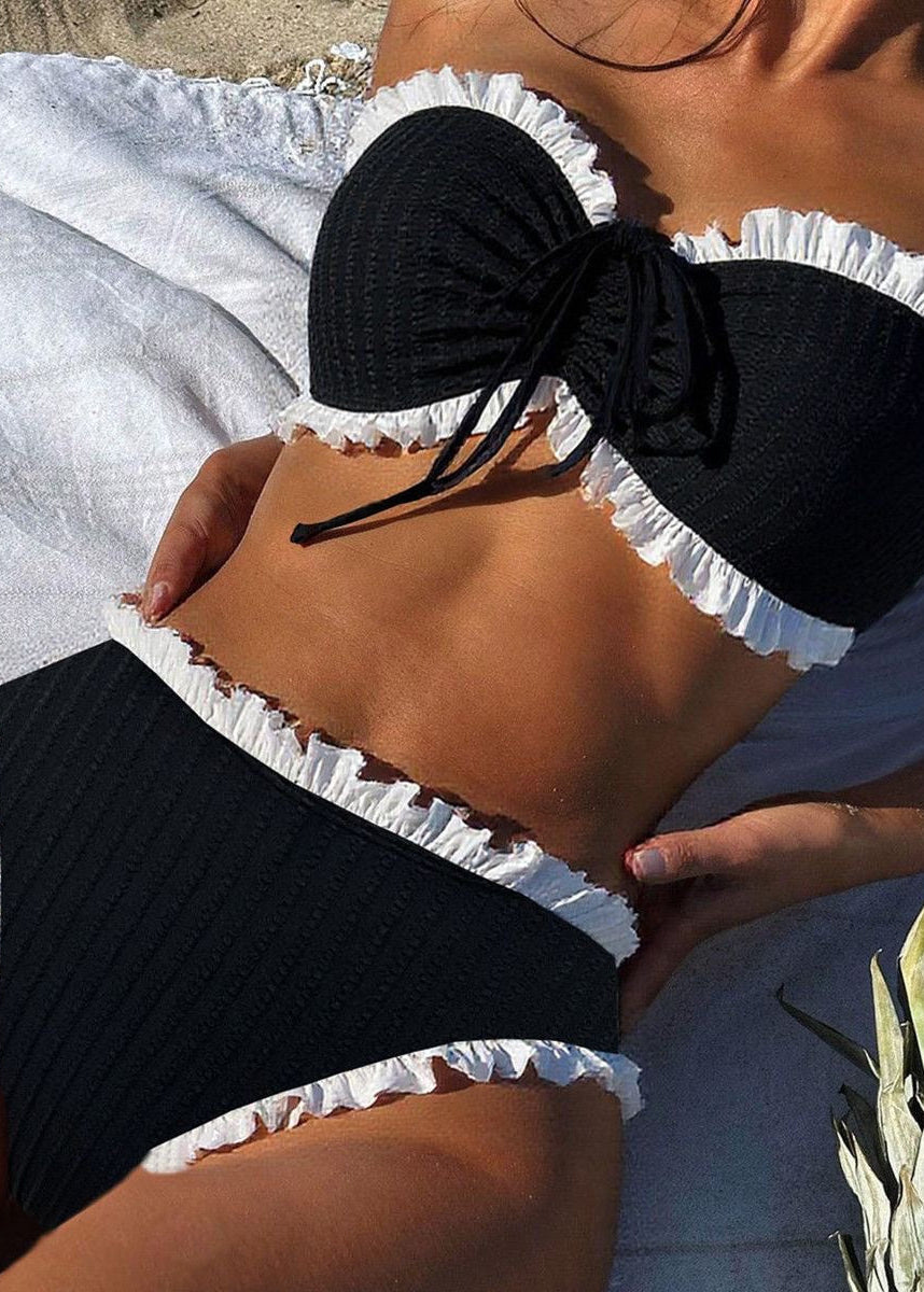 Black Ruffle Trim Bikini Set – Strapless Two Piece Swimsuit