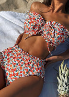 Floral Ruffle Bikini Set – Strapless Ruched Bandeau Swimsuit