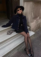 Women’s Cropped Button Front Jacket – Structured Short Fall Coat with Gold Buttons