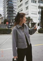 Women’s Cropped Button Front Jacket – Structured Short Fall Coat with Gold Buttons