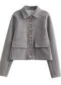 Women’s Cropped Button Front Jacket – Structured Short Fall Coat with Gold Buttons