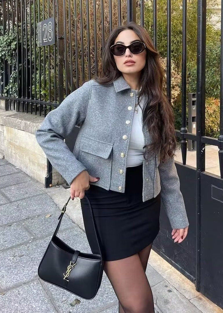 Women’s Cropped Button Front Jacket – Structured Short Fall Coat with Gold Buttons