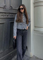 Women’s Cropped Button Front Jacket – Structured Short Fall Coat with Gold Buttons