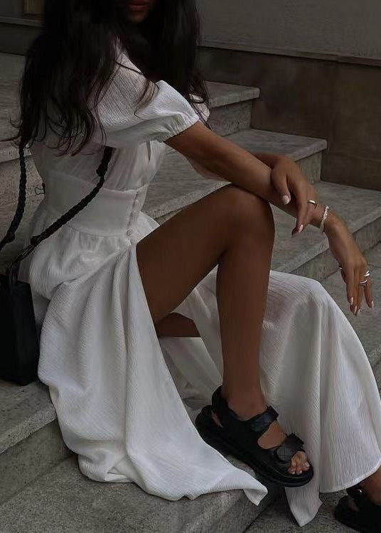 White V-Neck Maxi Dress – Puff Sleeve Button Front Summer Dress