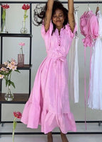 White Ruffle V-Neck Maxi Dress – Puff Sleeve Tie Waist Summer Dress