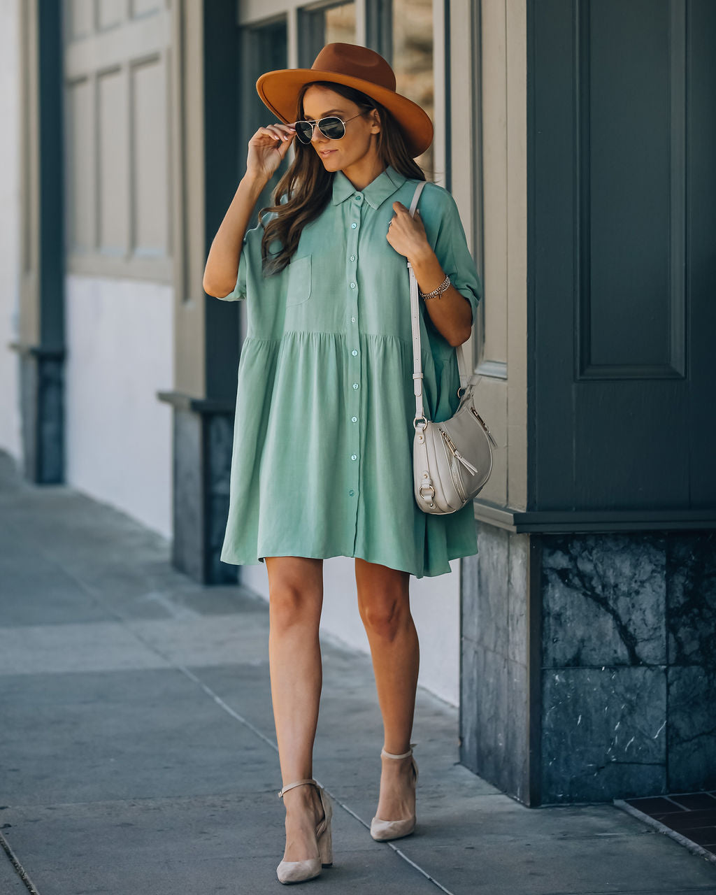 Hails Linen Blend Button Down Shirt Dress Sage