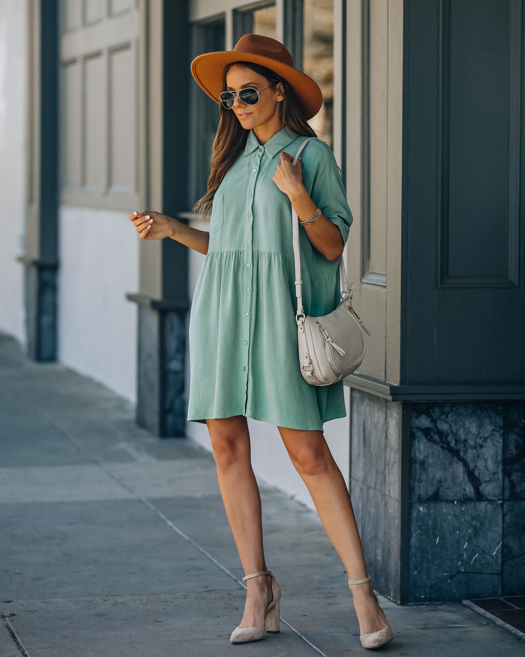 Hails Linen Blend Button Down Shirt Dress Sage