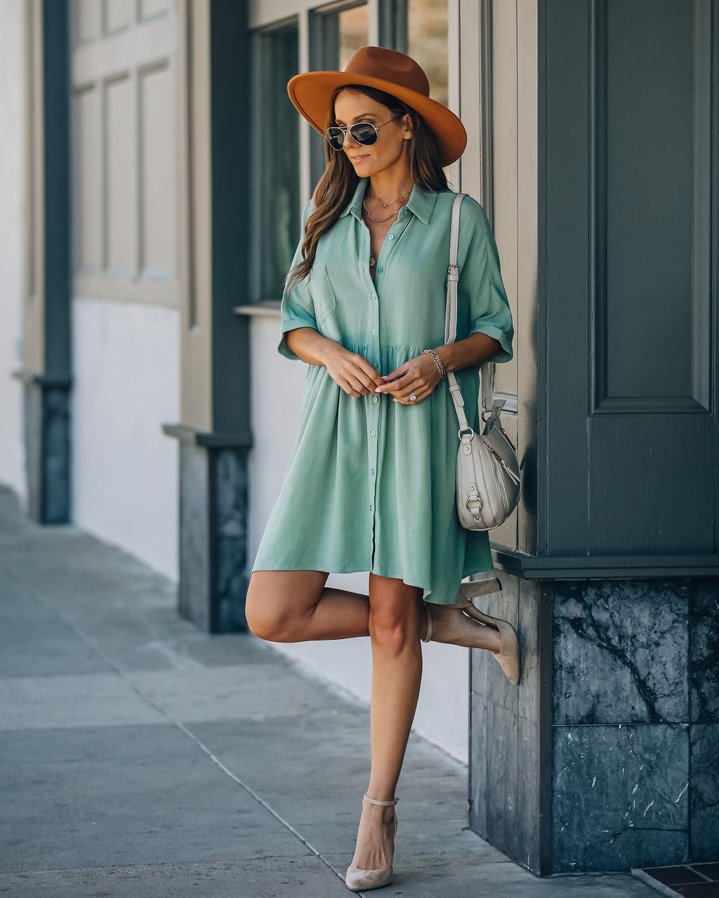 Hails Linen Blend Button Down Shirt Dress Sage