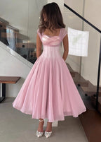 Rosaline Corset Midi Dress – Structured Waist Flowy A-Line Evening Dress