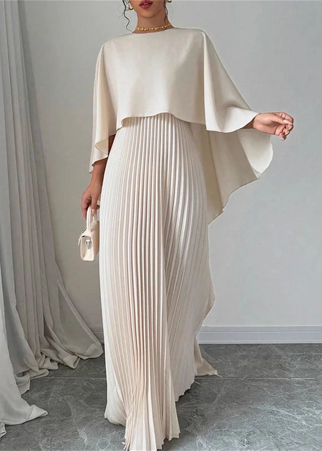 Aurelia Pleated Cape Maxi Dress – Elegant Flowing Evening Gown with Draped Overlay