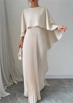 Aurelia Pleated Cape Maxi Dress – Elegant Flowing Evening Gown with Draped Overlay