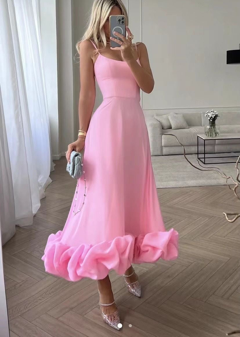 Serenity Ruffle Hem Midi Dress – Spaghetti Strap Fit & Flare Dress