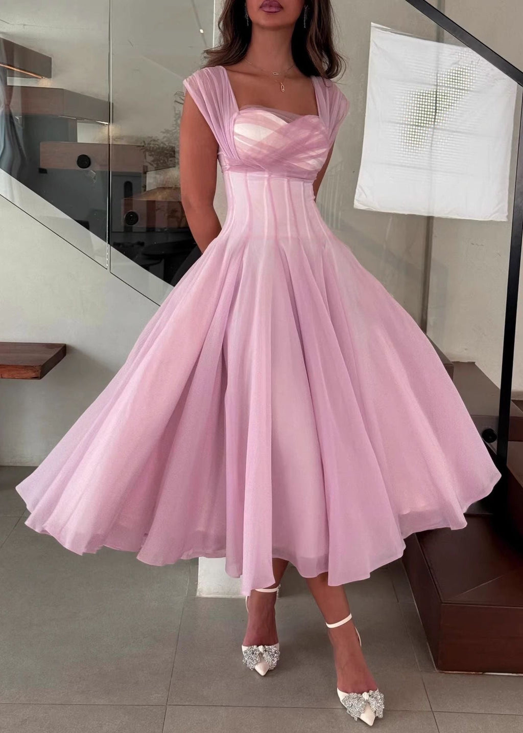 Rosaline Corset Midi Dress – Structured Waist Flowy A-Line Evening Dress
