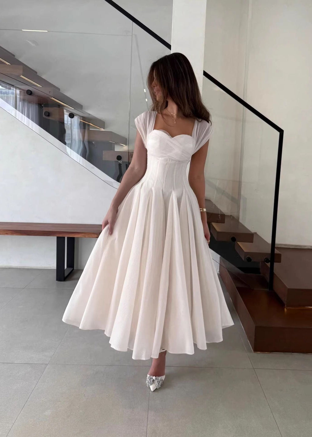 Rosaline Corset Midi Dress – Structured Waist Flowy A-Line Evening Dress