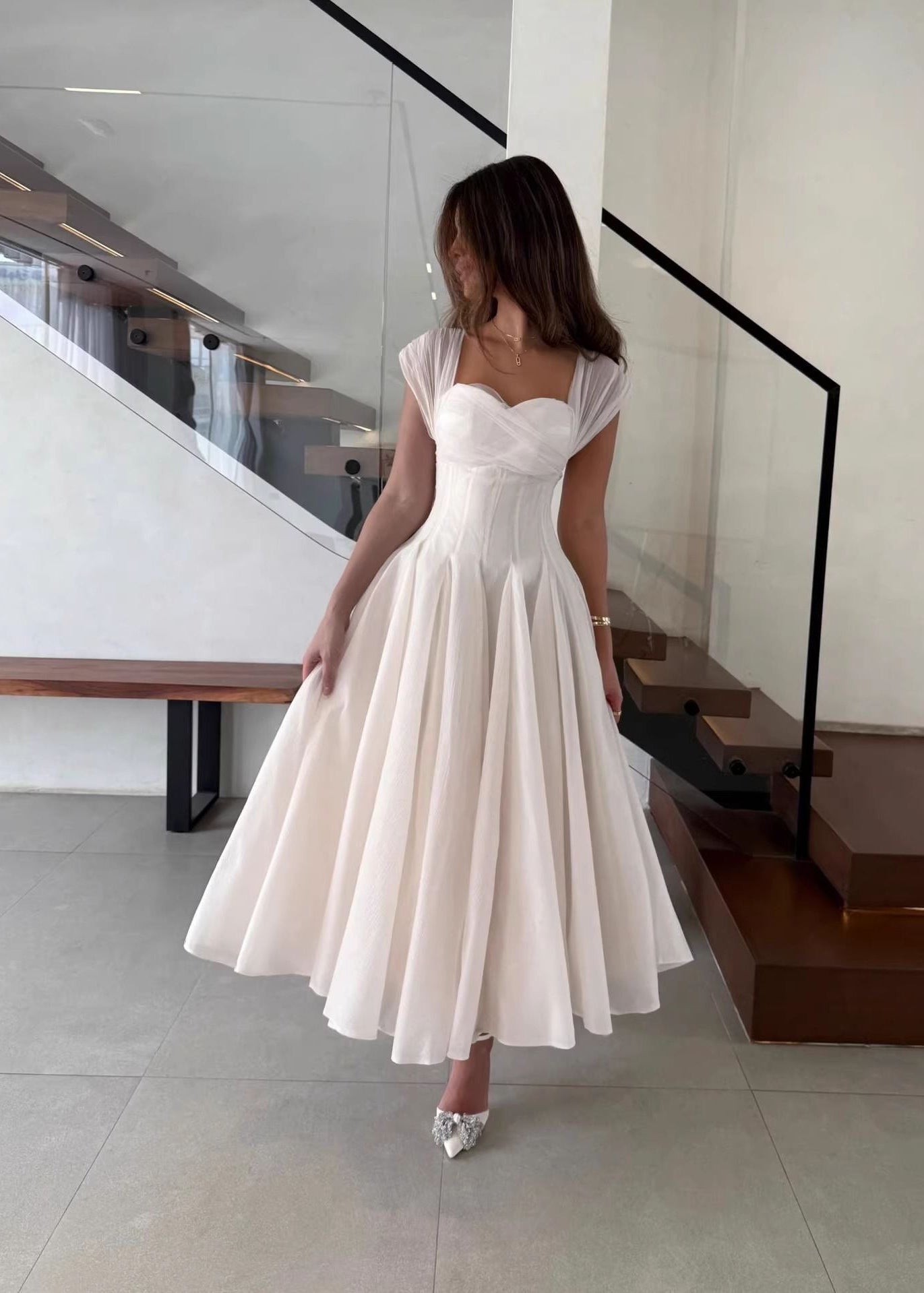 Rosaline Corset Midi Dress – Structured Waist Flowy A-Line Evening Dress