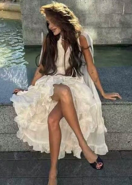 Celestine Ruffle Cape Maxi Dress – Sheer Layered Flowy Elegant Evening Dress
