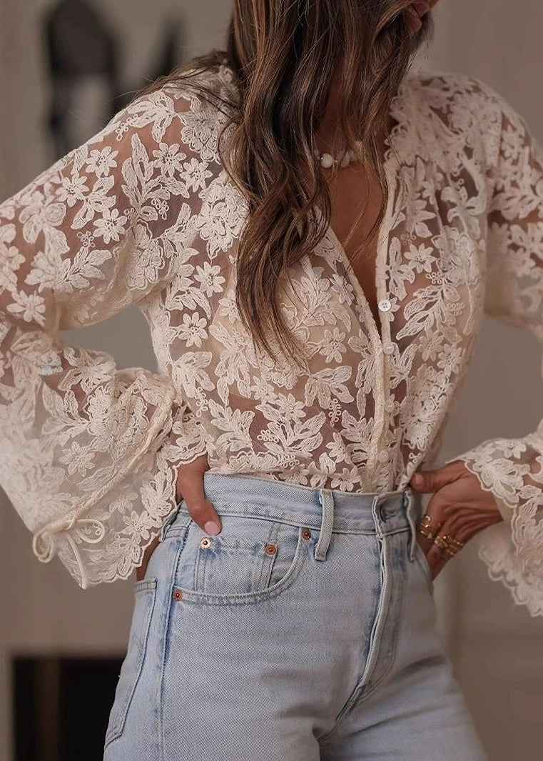 Elara Sheer Lace Blouse – Floral Button-Up Romantic Top