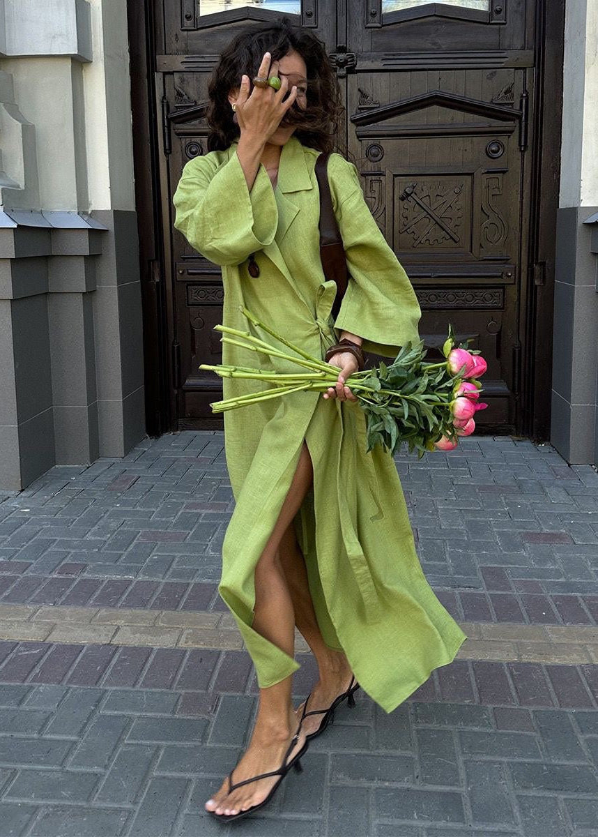 Arden Linen Blend Wrap Maxi Dress – Oversized Long Sleeve Belted Shirt Dress