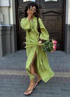 Arden Linen Blend Wrap Maxi Dress – Oversized Long Sleeve Belted Shirt Dress