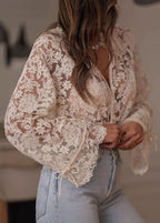 Elara Sheer Lace Blouse – Floral Button-Up Romantic Top