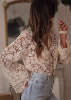 Elara Sheer Lace Blouse – Floral Button-Up Romantic Top