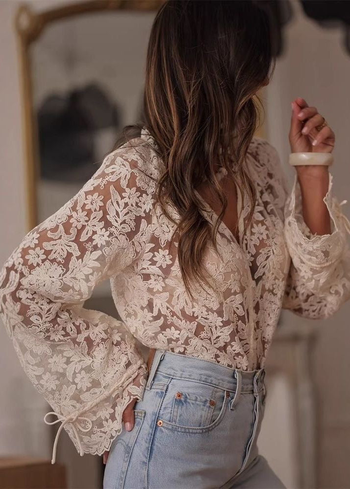 Elara Sheer Lace Blouse – Floral Button-Up Romantic Top