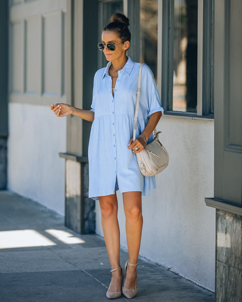 Hails Linen Blend Button Down Shirt Dress Baby Blue
