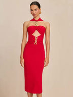 Red Metal Strapless Design Bodycon Midi Dress