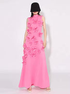 3D Flower Appliqué Mock Neck Midi Dress