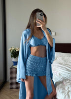 Satin 3-Piece Loungewear Set – Bralette, High-Waist Shorts & Long Robe