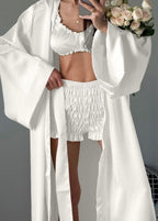 Satin 3-Piece Loungewear Set – Bralette, High-Waist Shorts & Long Robe