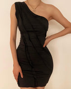 One shoulder solid ruffled mini dress