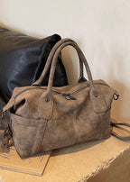 Faux Suede Shoulder Bag – Medium Tote with Top Handles and Crossbody Strap