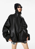 Oversized Faux Leather Jacket – Black Moto Style with Wide Collar