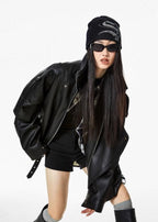 Oversized Faux Leather Jacket – Black Moto Style with Wide Collar