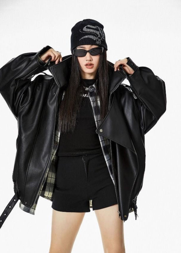 Oversized Faux Leather Jacket – Black Moto Style with Wide Collar