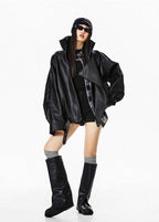 Oversized Faux Leather Jacket – Black Moto Style with Wide Collar