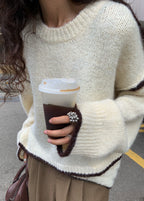 Gray Fuzzy Contrast-Trim Sweater – Women’s Loose Crewneck Pullover