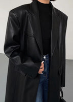 Oversized Faux Leather Long Coat – Women’s Dark Brown Single-Breasted Jacket