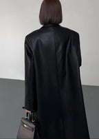 Oversized Faux Leather Long Coat – Women’s Dark Brown Single-Breasted Jacket