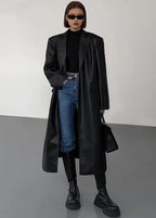 Oversized Faux Leather Long Coat – Women’s Dark Brown Single-Breasted Jacket