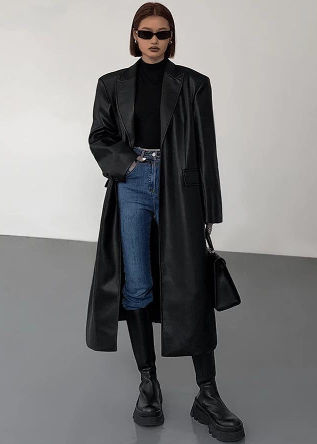 Oversized Faux Leather Long Coat – Women’s Dark Brown Single-Breasted Jacket