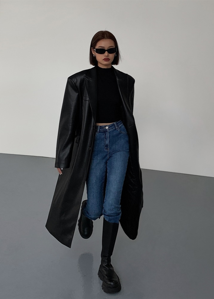 Oversized Faux Leather Long Coat – Women’s Dark Brown Single-Breasted Jacket