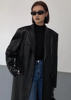 Oversized Faux Leather Long Coat – Women’s Dark Brown Single-Breasted Jacket